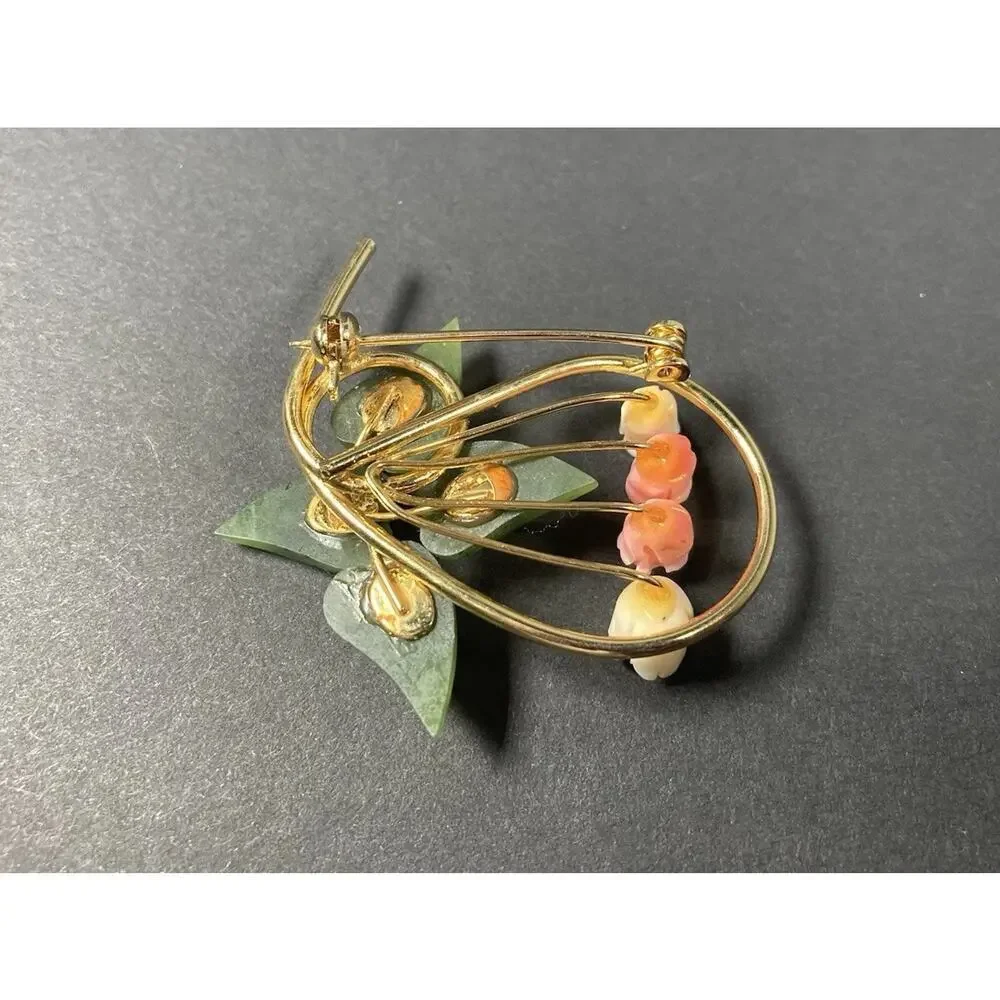 Vintage Faux Jade & Coral White Carved Rose Buds Gold Tone Pin Brooch